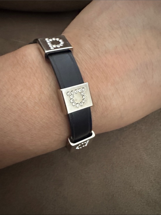 Salvatore Ferragamo Jewelry - Salvatore Ferragamo Black Leather Bracelet w Silver Crystal Logo Squares Small